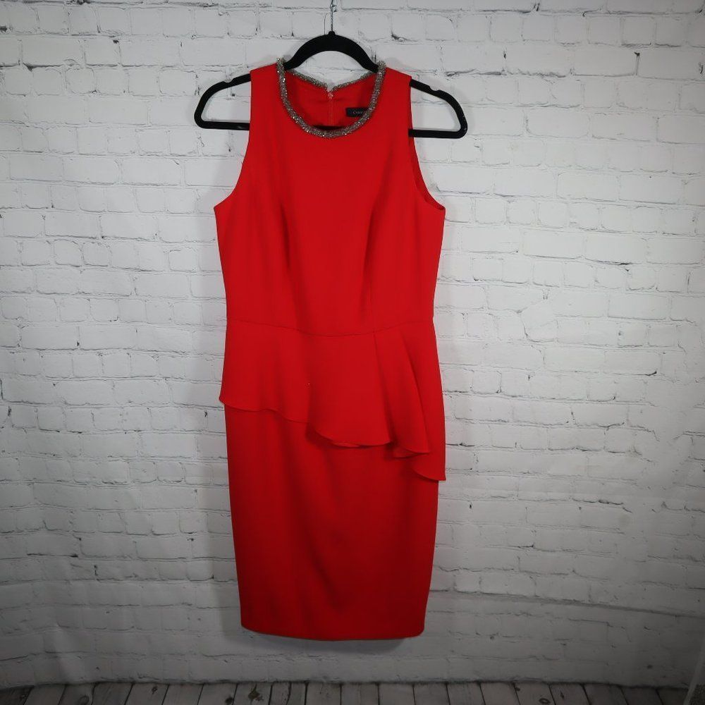 Carmen Marc Valvo Red Beaded Neck Short Sleeve Peplum Sheath Midi Dress Size 6